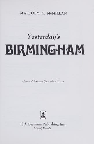 Cover of Yesterday's Birmingham by Malcolm Cook McMillan