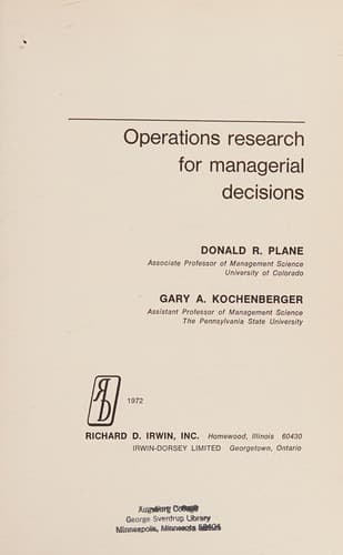 Cover of Operations research for managerial decisions by Donald R. Plane