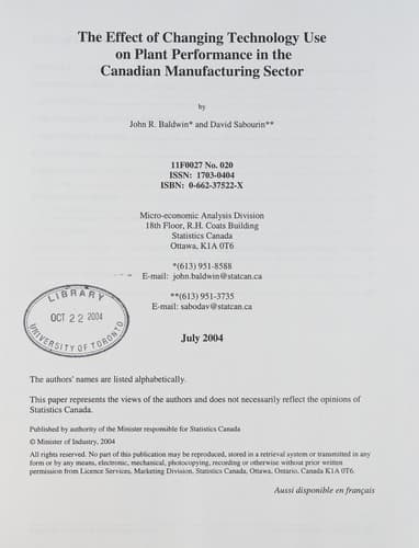 Cover of The effect of changing technology use on plant performance in the Canadian manufacturing sector by Baldwin, John R