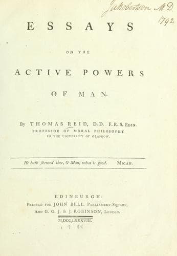Cover of Essays on the active powers of man 1788 by Thomas Reid
