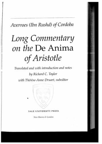 Cover of Long Commentary on the De Anima of Aristotle (Yale Library of Medieval Philosophy Seri) by Averroës